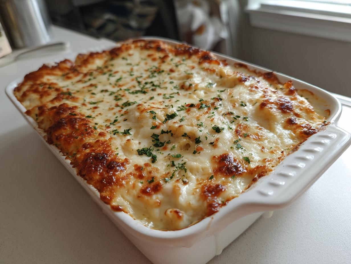 Golden & Bubbly Chicken Alfredo Bake with Homemade Sauce
